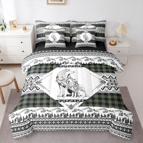 Manfei Rustic Wolf 7-Piece Twin Bedding,Green Check Pine Bedding Comforter Set,Black Reversible
