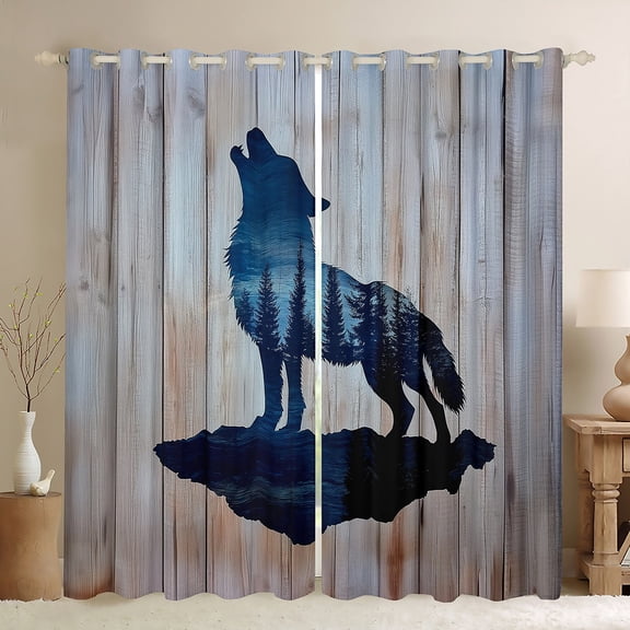 Manfei Rustic Wolf Animal Curtains Pack of 2 (42x84 Each) for Men, Farmhouse Wooden Plank Curtains Blackout, Jungle Wildlife Bedroom Curtains, Curtains and Drapes Decor