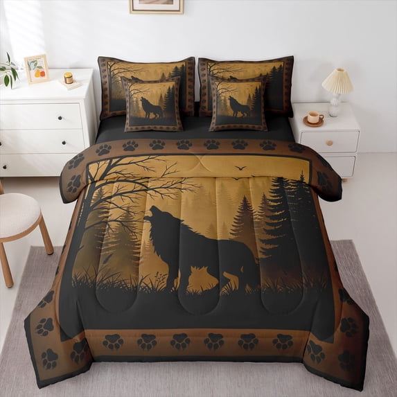 Manfei Rustic Wolf Checkered 7-Piece Twin Bedding,Classic Pine Plaid Bedding Comforter Set,Brown,Black Reversible