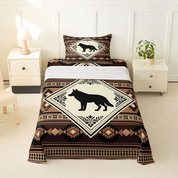 Manfei Rustic Wolf Grid Twin Sheets,Brown Check Pine Bedding,3 Pieces,1 Fitted Sheet and 1 Pillowcase