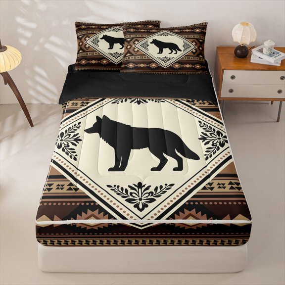 Manfei Rustic Wolf Grid Zipper Twin Comforter Sets with Fitted Sheet and 2 Pillowcases,Brown Check Pine Zipper Bedding Set,Black Reversible,4pcs