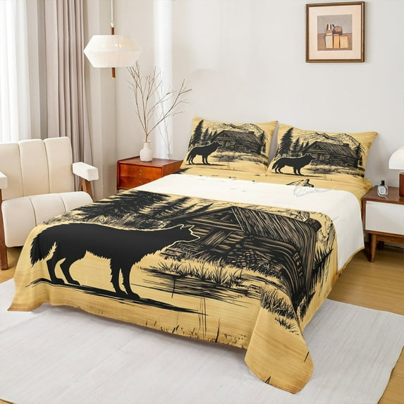 Manfei Rustic Wolf Print Full Size Sheets for Kid, Farmhouse Cabin Bed Sheets, Wildlife Animal Sheet Sets, Microfiber Bedroom Decor, 4 Pieces