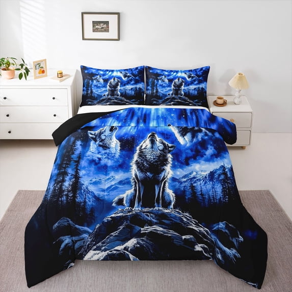 Manfei Rustic Wolf Queen Comforter Set,Mystic Woodland Comforter Sets Queen,Blue,Black Reversible,3 Pieces,1 Comforter and 2 Pillowcases