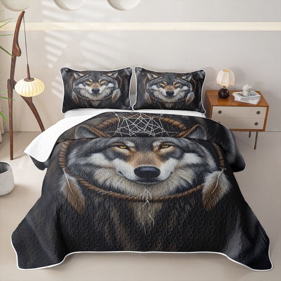 Manfei Rustic Wolf Quilt King,Jungle Animal King Coverlet Set,Brown Gray Black,3-Piece