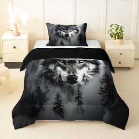 Manfei Rustic Wolf Twin Comforter Sets,Calm Trees Print Bedding Set,Gray White,Black Reversible,2-Piece,1 Comforter and 1 Pillowcase