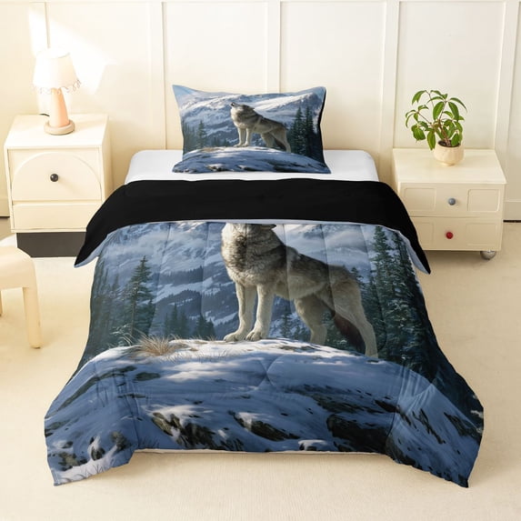 Manfei Rustic Wolf Twin Comforter Sets,Snowy Mountain Print Bedding Set,White,Black Reversible,2 Pieces,1 Comforter and 1 Pillowcase