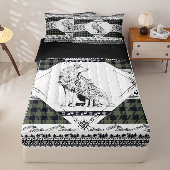 Manfei Rustic Wolf Zipper Twin Comforter Sets with Fitted Sheet and 2 Pillowcases,Green Check Pine Zipper Bedding Set,Black Reversible,4pcs