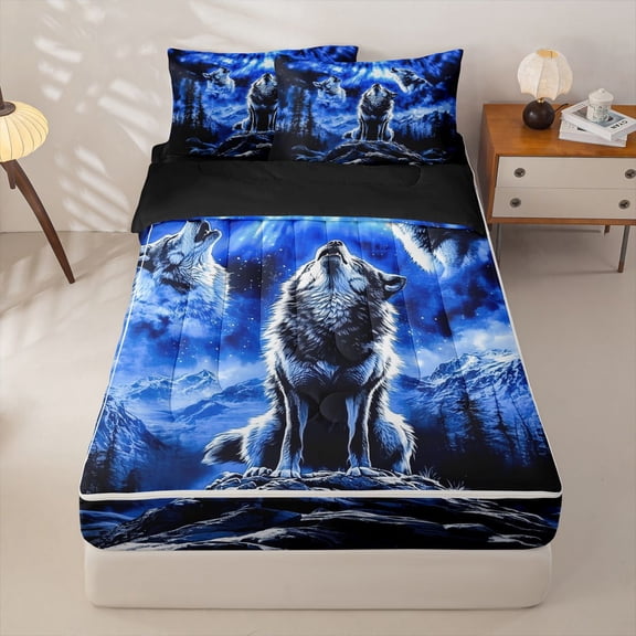 Manfei Rustic Wolf Zipper Twin Comforter Sets with Fitted Sheet and 2 Pillowcases,Mystic Woodland Zipper Bedding Set,Blue,Black Reversible,4pcs
