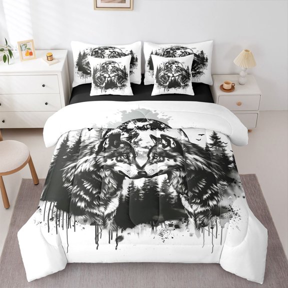 Manfei Rustic Wolves 7-Piece Twin Bedding,Ink Wash Print Bedding Comforter Set,White Black,Black Reversible