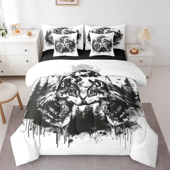 Manfei Rustic Wolves 7 Pieces Full Size Bedding Sets,Ink Wash Print Full Size Bed in a Bag,White Black,Black Reversible