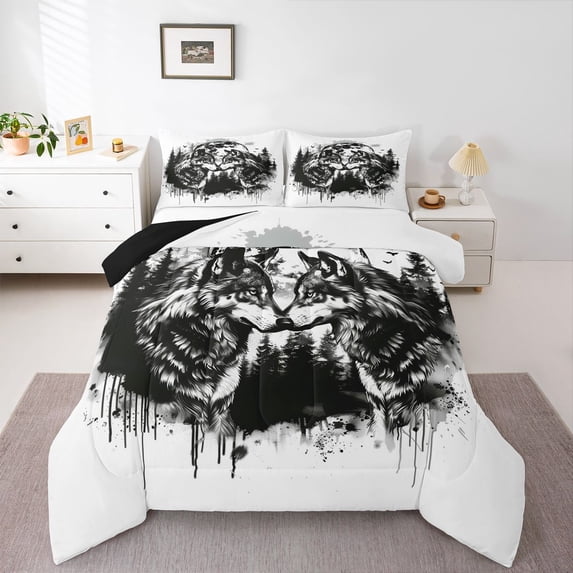 Manfei Rustic Wolves Full Size Comforter Sets,Ink Wash Print Bedding Comforter Set,White Black,Black Reversible,3pcs,1 Comforter and 2 Pillowcases