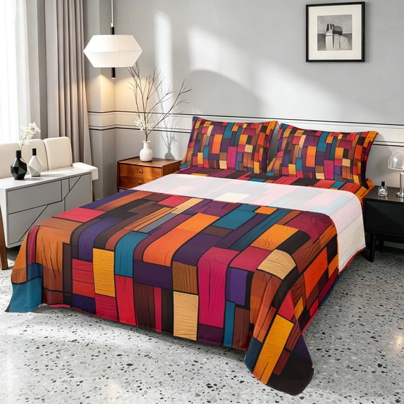 Manfei Rustic Wood Block Queen Sheets, Geometric Queen Sheet Sets, Multicolor, Black Reversible 4pcs1 Flat Sheet + 1 Fitted Sheet + 2 Pillowcases