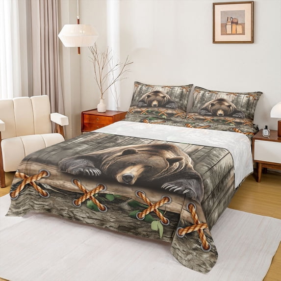 Manfei Rustic Wooded Pine Queen Sheets,Brown Bear Queen Sheet Sets,Gray Brown,4pcs,1 Flat Sheet, 1 Fitted Sheet and 2 Pillowcases