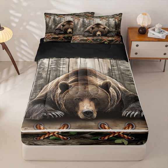 Manfei Rustic Wooded Pine Zipper Twin Comforter Sets with Fitted Sheet and 2 Pillowcases,Brown Bear Zipper Bedding Set,Gray Brown,Black Reversible,4pcs