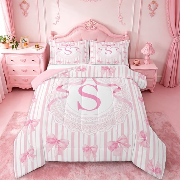 Manfei S Initial Lettering Full Size Comforter Sets For Girl,Soft Ribbon Bowknot Bedding Sets For Kids,Pink Reversible,3-Piece