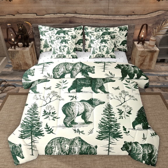 Manfei Safari Animal Bear 7-Piece Twin Bedding Sets,Rustic Plant Pine Bedding Comforter Set,Green Beige Sheet Sets For Adults,Ultra Soft Home Decor Reversible
