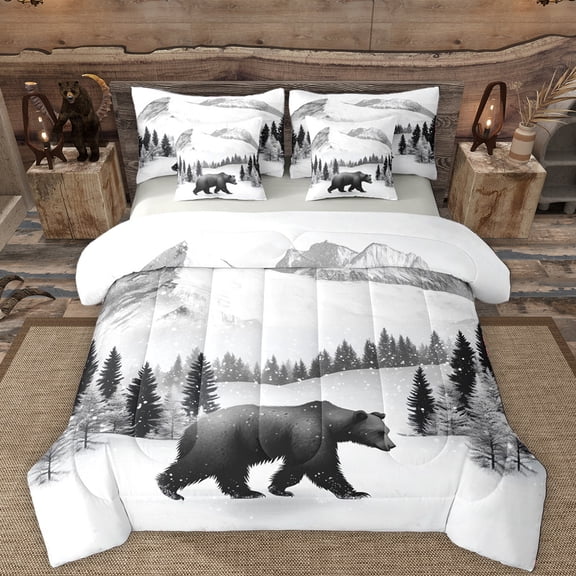 Manfei Safari Animal Bear 7 Pieces Bedding Comforter Set,Rustic Snow Pine Full Bedding Set,White Black Fitted Sheet Flat Sheet For Adults,Ultra Soft Home Decor Reversible