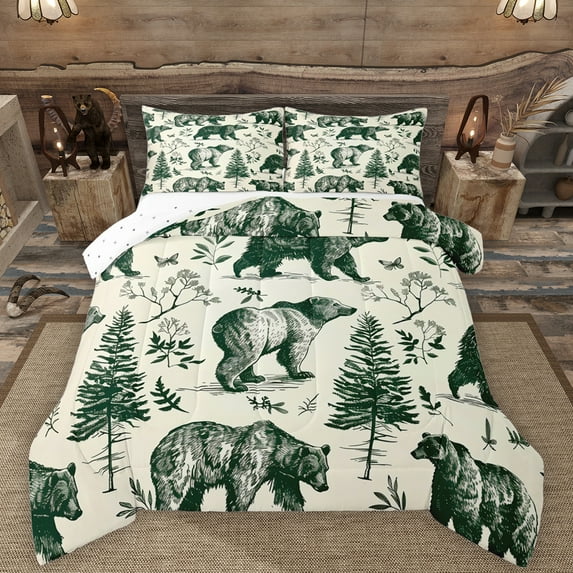 Manfei Safari Animal Bear Bedding Comforter Set,Rustic Plant Pine Twin Comforter Sets,Green Beige Bedding Set For Adults,Ultra Soft Home Decor Reversible,2 Pieces