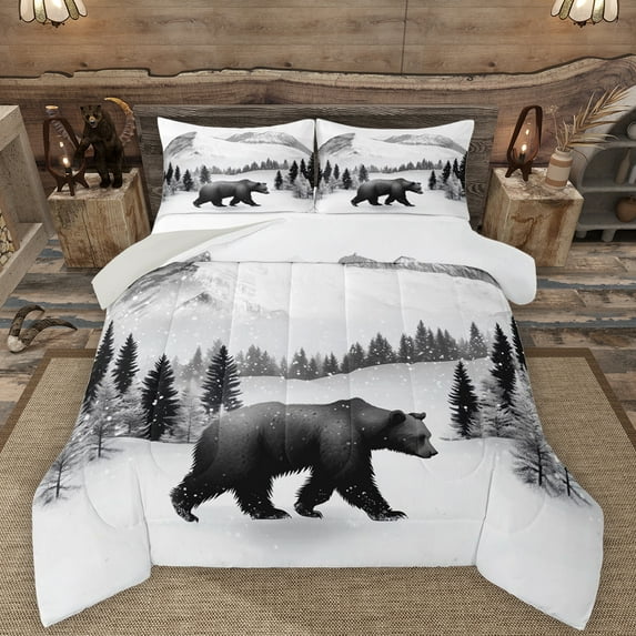 Manfei Safari Animal Bear Bedding Comforter Set,Rustic Snow Pine Twin Comforter Sets,White Black Bedding Set For Adults,Ultra Soft Home Decor Reversible,2 Pieces