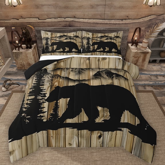 Manfei Safari Animal Bear Queen Comforter Set,Rustic Farmhouse Cabin Bedding Sets,Khaki Black Bedding Comforter Set For Adults,Ultra Soft Home Decor Reversible,3pcs