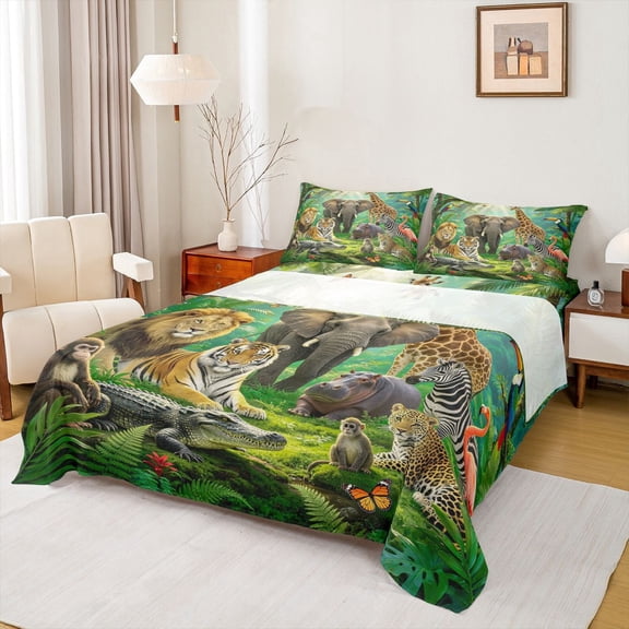Manfei Safari Animal Bed Sheets,Cute Elephant Full Size Sheets,Green,4 Pieces,1 Flat Sheet, 1 Fitted Sheet and 2 Pillowcases