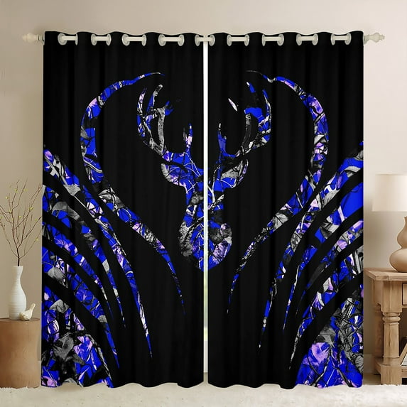 Manfei Safari Animal Elk Curtains Pack of 2 (42x84 Each),Rustic Camouflage Hunting Curtains Blackout,Blue Black Bedroom Curtains For Kids,Luxury Bedroom Decor
