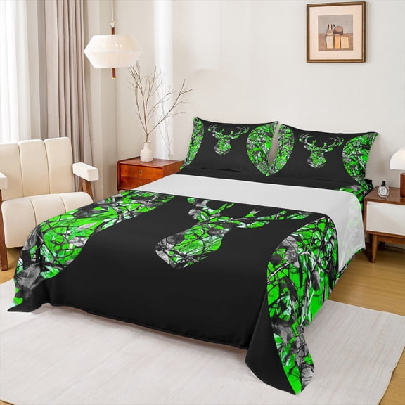 Manfei Safari Animal Elk Queen Sheet Sets,Rustic Camouflage Hunting Flat Sheet,Black Green Queen Fitted Sheet For Kids,Luxury Bedroom Decor,4-Piece