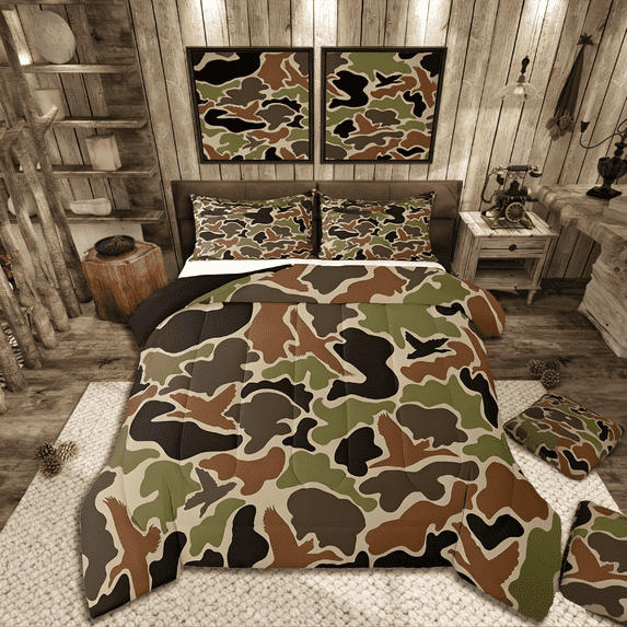 Manfei Safari Animal Mallard Duck Bedding Comforter Set 2pcs,Abstract Geometric Camouflage Twin Comforter Sets Microfiber,Vintage Retro Camo Breathable Bedding Set,Super Cozy Festival Room Decor