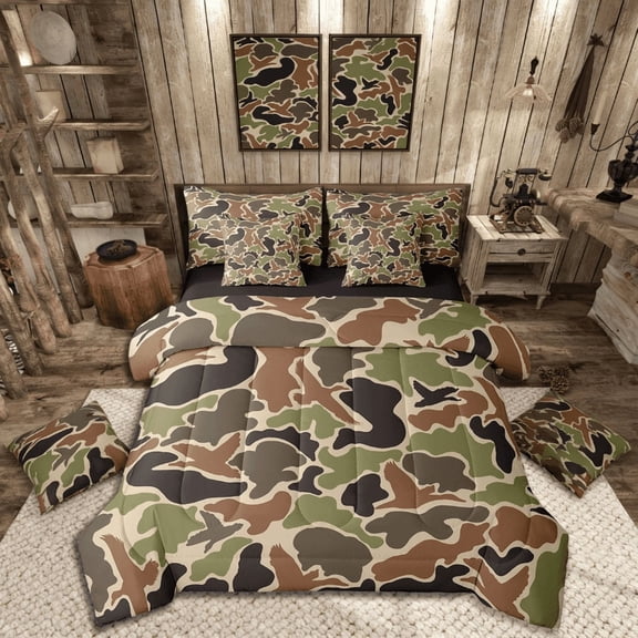 Manfei Safari Animal Mallard Duck Bedding Comforter Set 7-Piece,Abstract Geometric Camouflage King Bedding Sets,Vintage Retro Camo Ultra Soft Bed Sheets,Super Cozy Room Decor