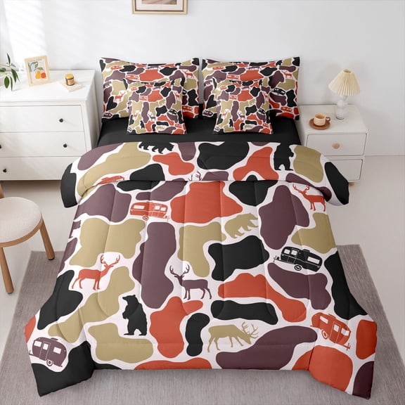 Manfei Safari Animal Print 7-Piece Twin Bedding,Lovely Bear Bedding Comforter Set,Red Brown,Black Reversible