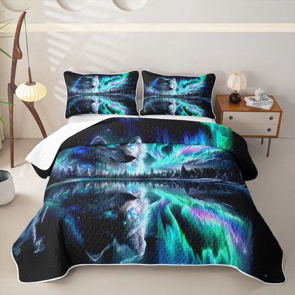 Manfei Safari Animal Twin Quilt Set,Northern Lights Twin Coverlet Set,Black Green,2 Pieces