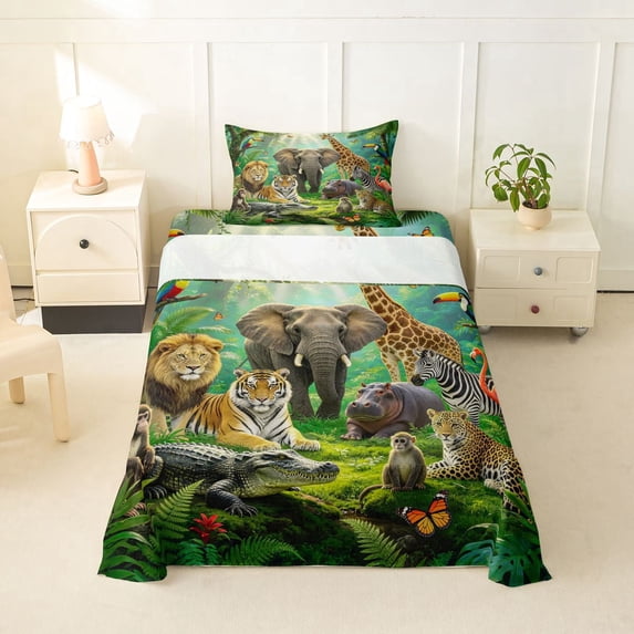 Manfei Safari Animal Twin Sheets,Cute Elephant Bedding,Green,3-Piece,1 Fitted Sheet and 1 Pillowcase