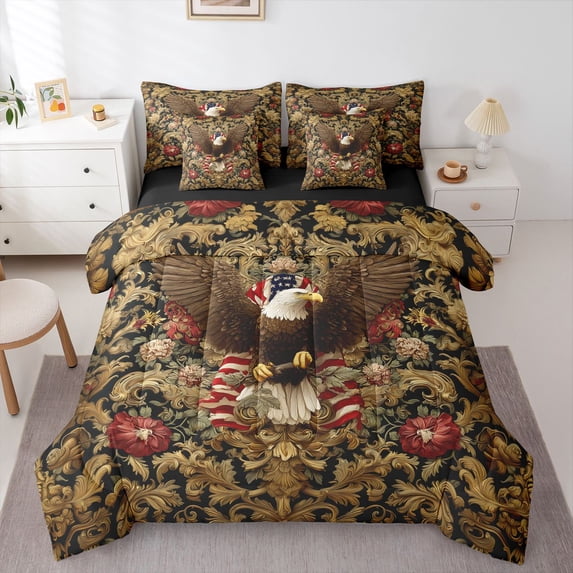 Manfei Safari Bald Eagle 7 Pieces Full Size Bedding Sets,Vintage Floral Full Size Bed in a Bag,Brown,Black Reversible