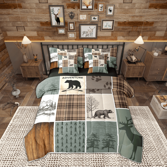 Manfei Safari Bear 7-Piece Bedding Comforter Set,Jungle Wildlife King Bedding Sets,Autumn Fall Maples Bed Sheets For Kids,Ultra Soft Home Decor Reversible