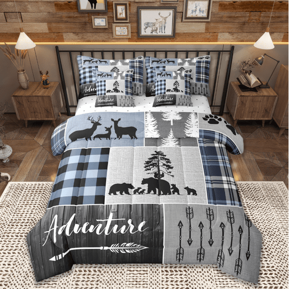 Manfei Safari Bear 7pcs Bedding Comforter Set,Outdoor Adventure Queen Bedding Sets,Blue Black Plaid Grid Queen Sheet Sets For Boy Teens,Ultra Soft Home Decor