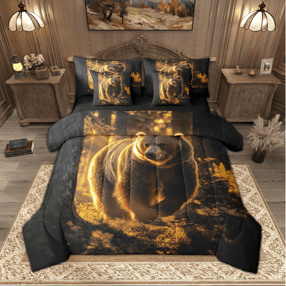 Manfei Safari Bear Bedding Comforter Set 7 Pieces, Woodland Animal Queen Bedding Sets, Jungle Tree Branches Queen Sheet Sets, Ultra Soft Home Decor