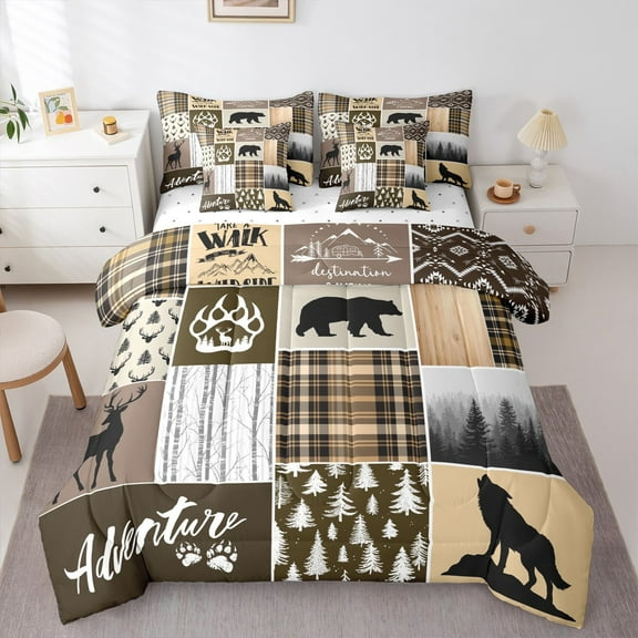 Manfei Safari Bear Deer 7-Piece Bedding Comforter Set,Adverture Camping King Bedding Sets,Howling Wolves Bed Sheets For Boys Kids,Luxury Bedroom Decor