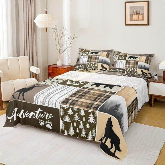 Manfei Safari Bear Deer Twin Sheet Sets,Adverture Camping Twin Fitted Sheet,Howling Wolves Flat Sheet For Boys Kids,Luxury Bedroom Decor,3pcs