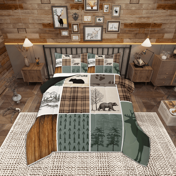 Manfei Safari Bear King Size Comforter Sets,Jungle Wildlife Bedding Comforter Set,Autumn Fall Maples Bedding Set For Kids,Ultra Soft Home Decor Reversible,3-Piece