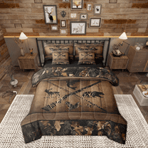 Manfei Safari Bear Moose 7-Piece Twin Bedding Sets,Fishing And Hunting Bedding Comforter Set,Pike Fish Sheet Sets For Boy Teens,Breathable Home Decor Reversible