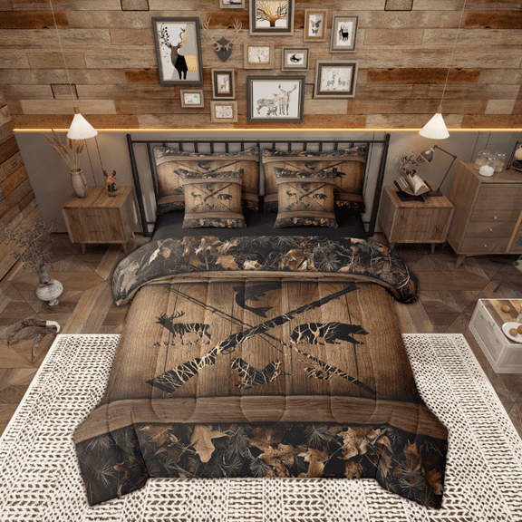 Manfei Safari Bear Moose 7-Piece Twin Bedding Sets,Fishing And Hunting Bedding Comforter Set,Pike Fish Sheet Sets For Boy Teens,Breathable Home Decor Reversible