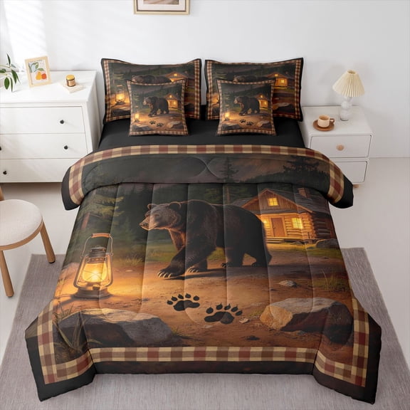 Manfei Safari Bear Patch 7 Pieces Full Size Bedding Sets,Plaid Pine Full Size Bed in a Bag,Brown,Black Reversible