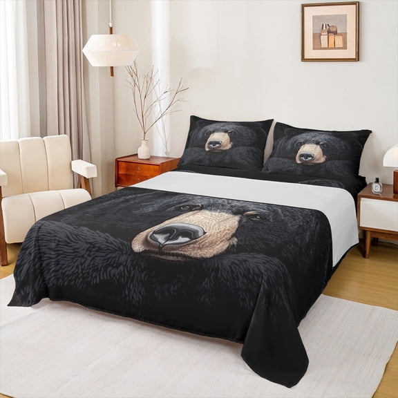 Manfei Safari Bear Twin Sheet Sets,Jungle Animal Twin Fitted Sheet,Black Khaki Flat Sheet For Adults,Ultra Soft Home Decor,3pcs