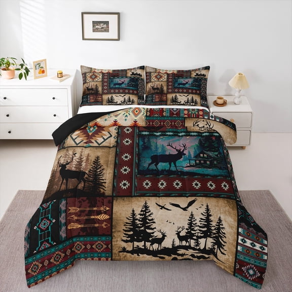Manfei Safari Beer Moose Queen Comforter Set,Retro Aztec Geometric Bedding Sets,Country Farmhouse Lodge Bedding Comforter Set For Kids Boy,Super Cozy Room Decor Reversible,3pcs