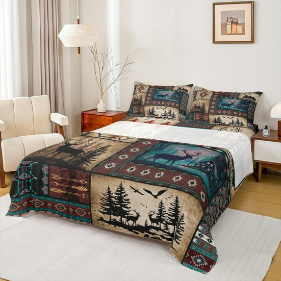 Manfei Safari Beer Moose Twin Sheet Sets,Retro Aztec Geometric Twin Fitted Sheet,Country Farmhouse Lodge Flat Sheet For Kids Boy,Super Cozy Room Decor,3-Piece