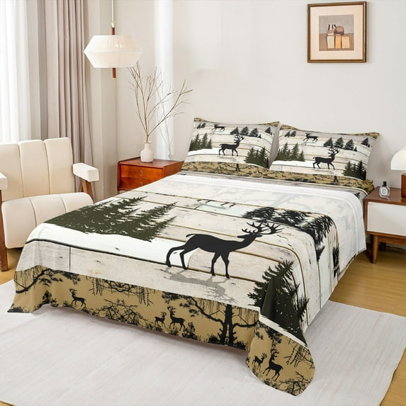 Manfei Safari Deer Boy Girl 4pcs Bed Sheets,Lodge Cabin King Sheets,Retro Vintage Super Cozy Sheet Set,Super Cozy Room Decor