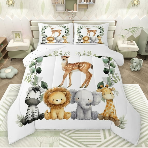 Manfei Safari Deer Elk Bedding Comforter Set,Jungle Wildlife Lions Twin Comforter Sets,Wild Zebra Elephant Bedding Set For Girls Boys,Ultra Soft Home Decor Reversible,2 Pieces