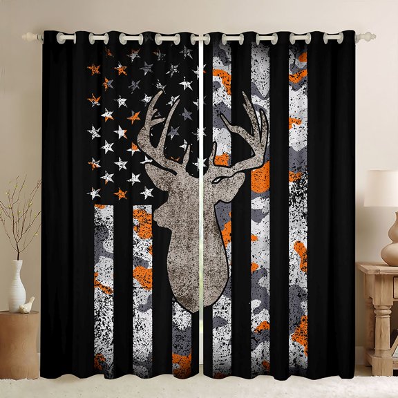 Manfei Safari Deer Kitchen Curtains,Orange Camo American Flag Black Out Curtains Pack of 2 (42x63 Each)