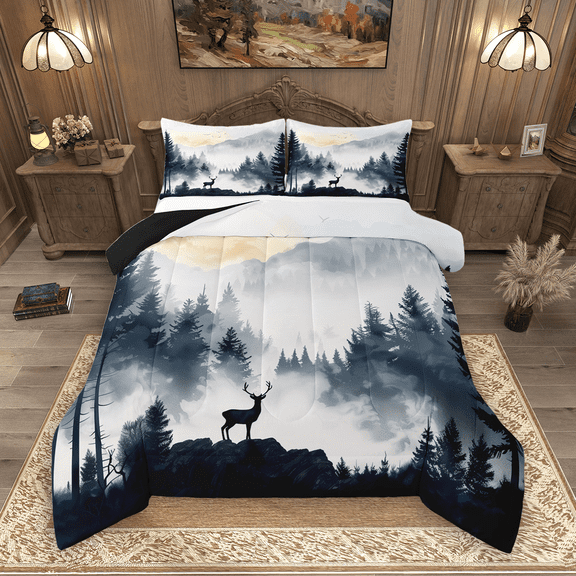 Manfei Safari Deer Moose Bedding Comforter Set 2pcs, Natural Jungle Tree Twin Comforter Sets, Animal Theme Bedding Set, Microfiber Bedroom Decor