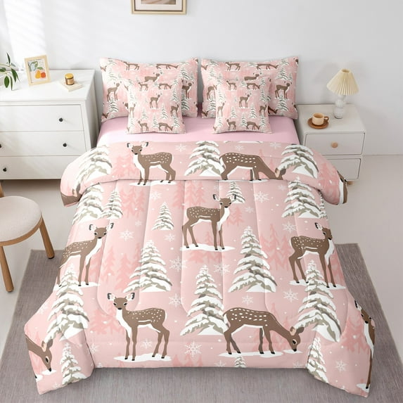 Manfei Safari Deer Moose Bedding Comforter Set 7 Pieces,Tropical Plant Pine Full Bedding Set,Pink Brown White Fitted Sheet Flat Sheet For Girls,Microfiber Bedroom Decor Reversible
